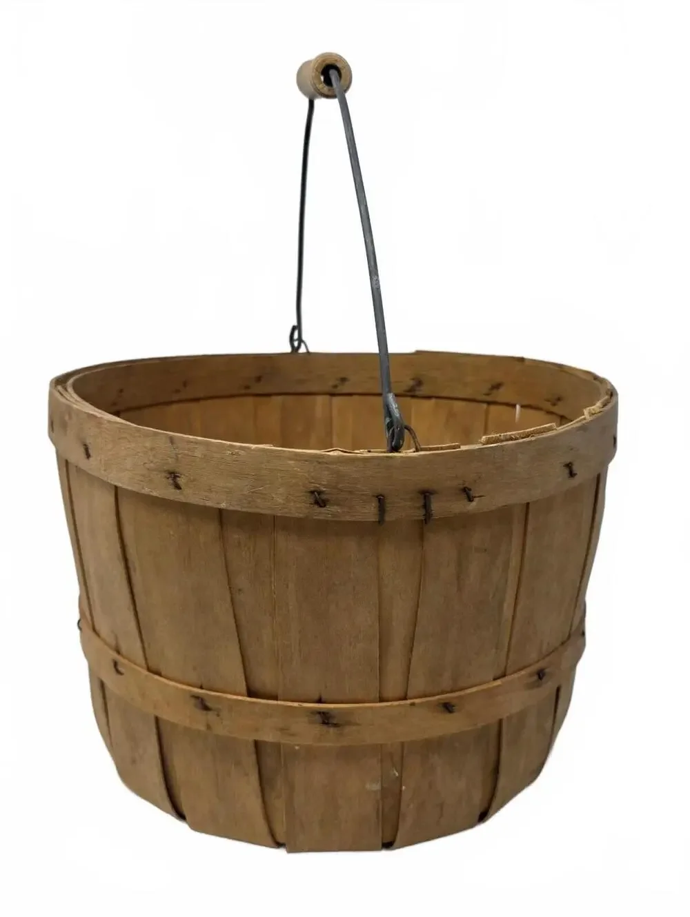 Vintage Wood Splint Apple Basket Wire Handle Rustic Farmhouse Harvest Decor
